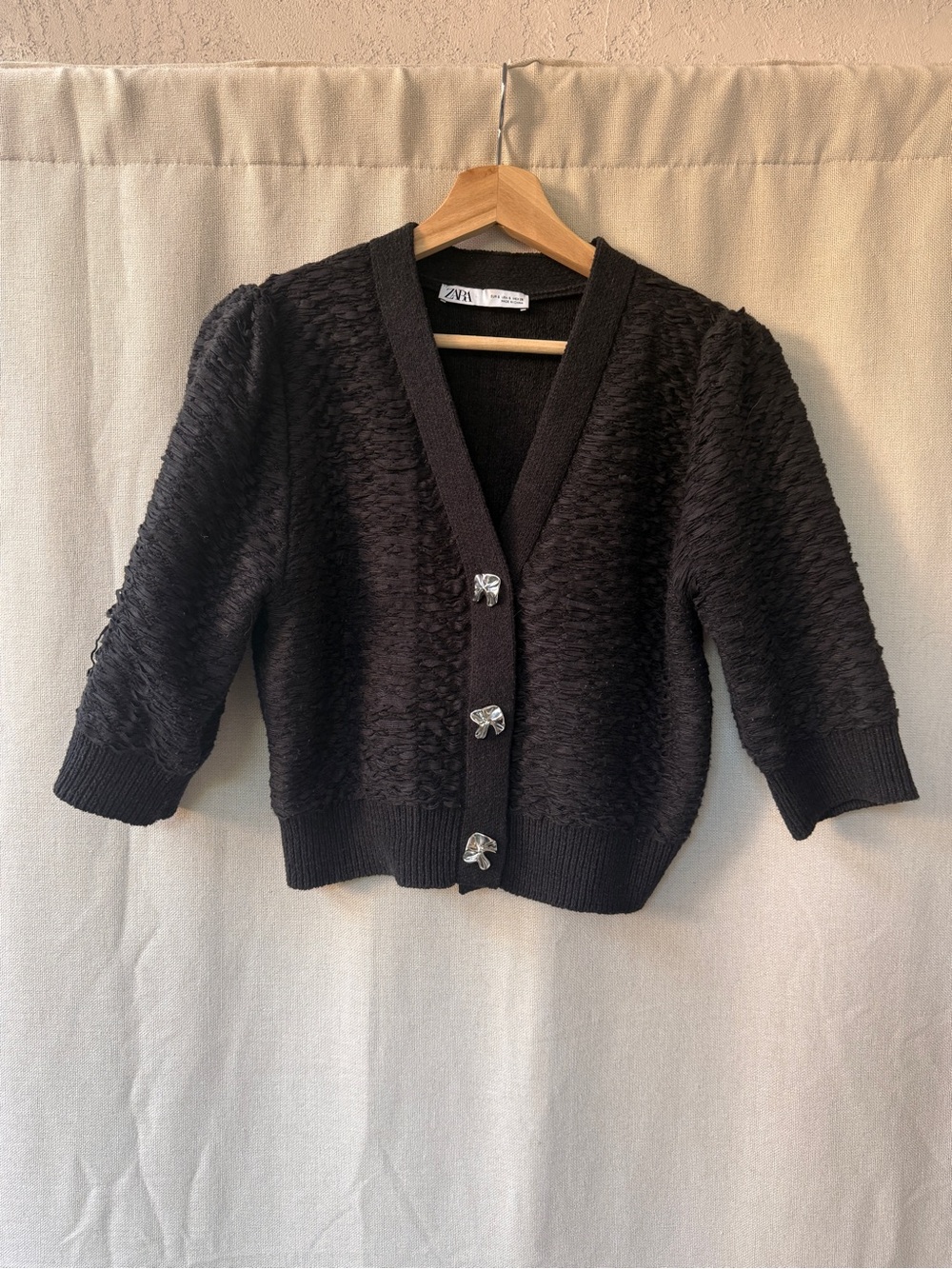 Zara Black Textured Knit Cropped Cardigan with Silver Buttons